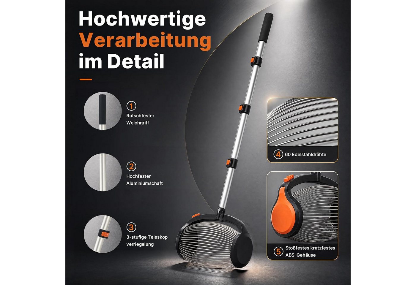 Hausprofi Rollsammler Nusssammler Ø34cm, Teleskopstiel 37-110cm,Pedalbetätigte Seitenöffnung, 34 cm Arbeitsbreite, (Set, 1-tlg & Stoffbeutel), Obstsammler für Walnüsse Äpfel Eicheln, Ohne Bücken