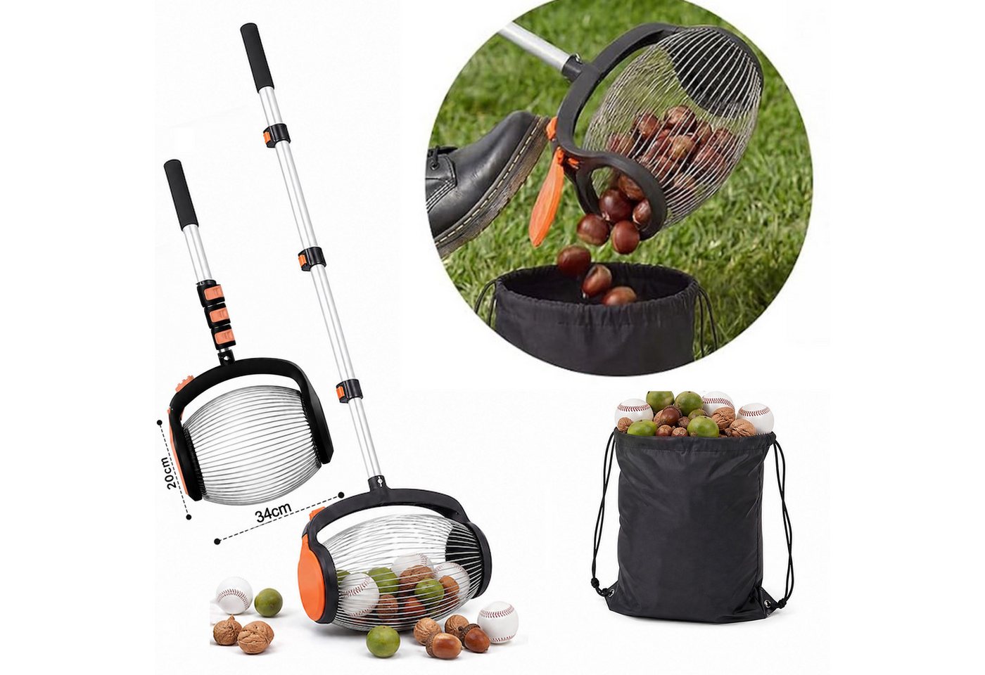 Hausprofi Rollsammler Nusssammler Ø34cm, Teleskopstiel 37-110cm,Pedalbetätigte Seitenöffnung, 34 cm Arbeitsbreite, (Set, 1-tlg & Stoffbeutel), Obstsammler für Walnüsse Äpfel Eicheln, Ohne Bücken Bild 3