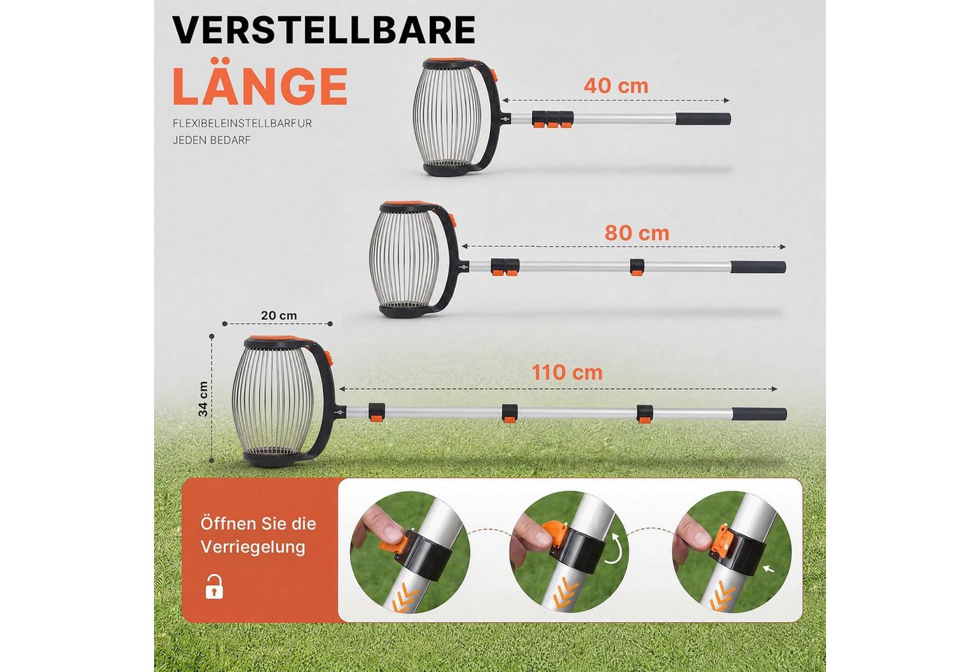 Hausprofi Rollsammler Nusssammler Ø34cm, Teleskopstiel 37-110cm,Pedalbetätigte Seitenöffnung, 34 cm Arbeitsbreite, (Set, 1-tlg & Stoffbeutel), Obstsammler für Walnüsse Äpfel Eicheln, Ohne Bücken Bild 5