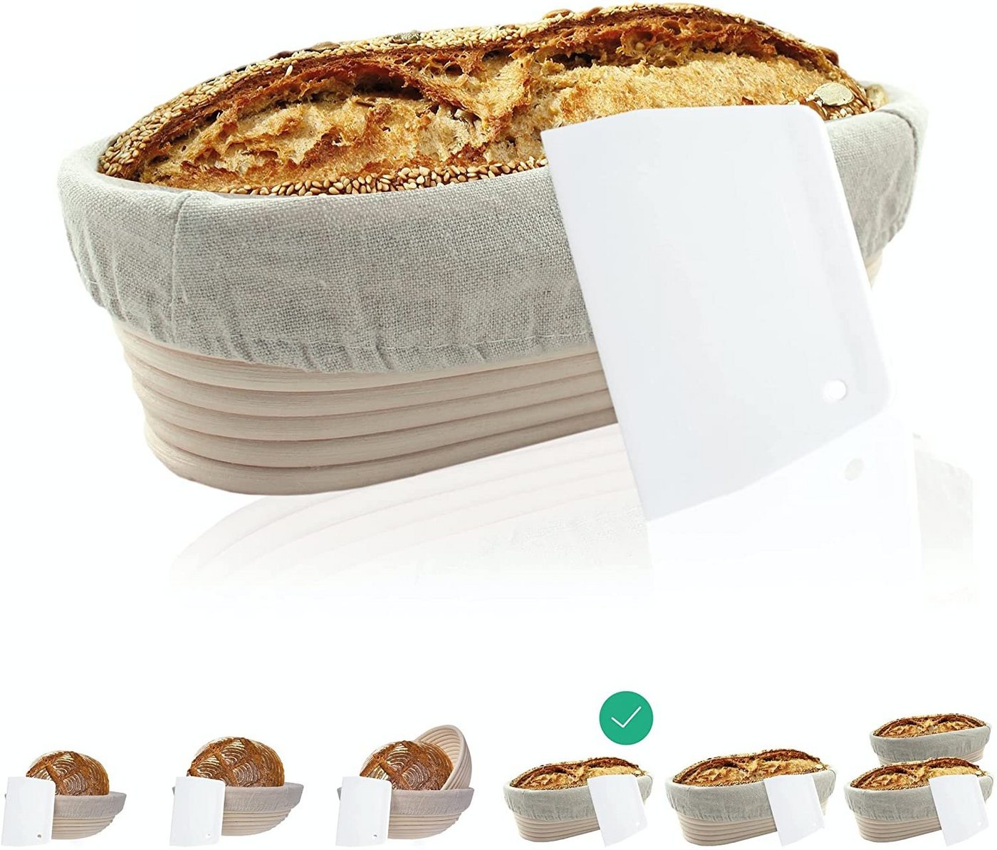 riijk Gärkorb Gärkörbchen Set inkl. Gratis Teigschaber, (zum Brotbacken), mit Leinentuch und Teigschaber