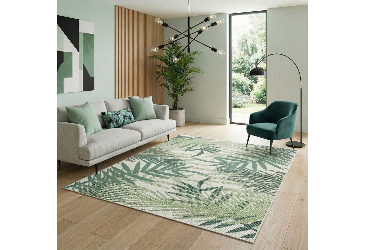 Vimoda Outdoorteppich Teppich wasserresistent In- und Outdoor Kurzflor Palmen Muster, Rund, Höhe: 4.5 mm, Outdoorteppich Grün & Schwarz für Terrasse Balko schnell trocknend