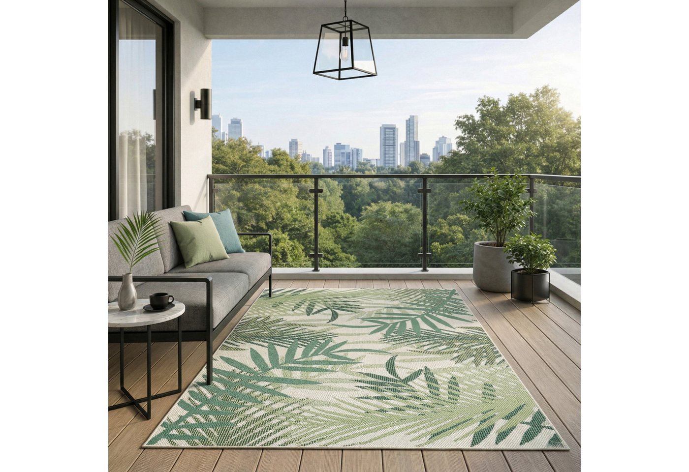 Vimoda Outdoorteppich Teppich wasserresistent In- und Outdoor Kurzflor Palmen Muster, Rund, Höhe: 4.5 mm, Outdoorteppich Grün & Schwarz für Terrasse Balko schnell trocknend Bild 2