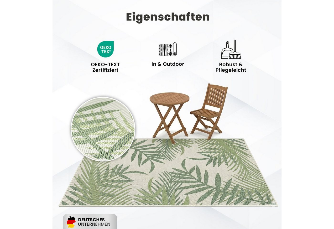 Vimoda Outdoorteppich Teppich wasserresistent In- und Outdoor Kurzflor Palmen Muster, Rund, Höhe: 4.5 mm, Outdoorteppich Grün & Schwarz für Terrasse Balko schnell trocknend Bild 4