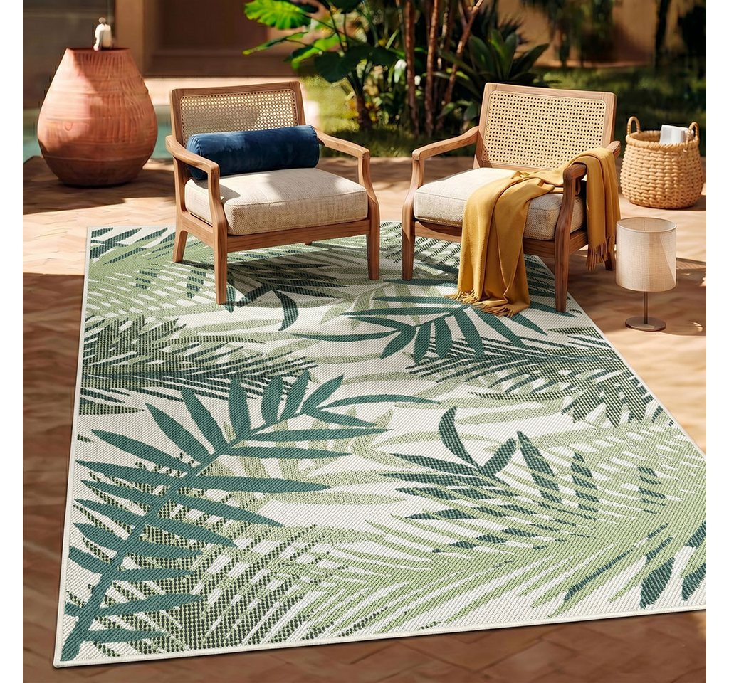 Vimoda Outdoorteppich Teppich wasserresistent In- und Outdoor Kurzflor Palmen Muster, Rund, Höhe: 4.5 mm, Outdoorteppich Grün & Schwarz für Terrasse Balko schnell trocknend Bild 5