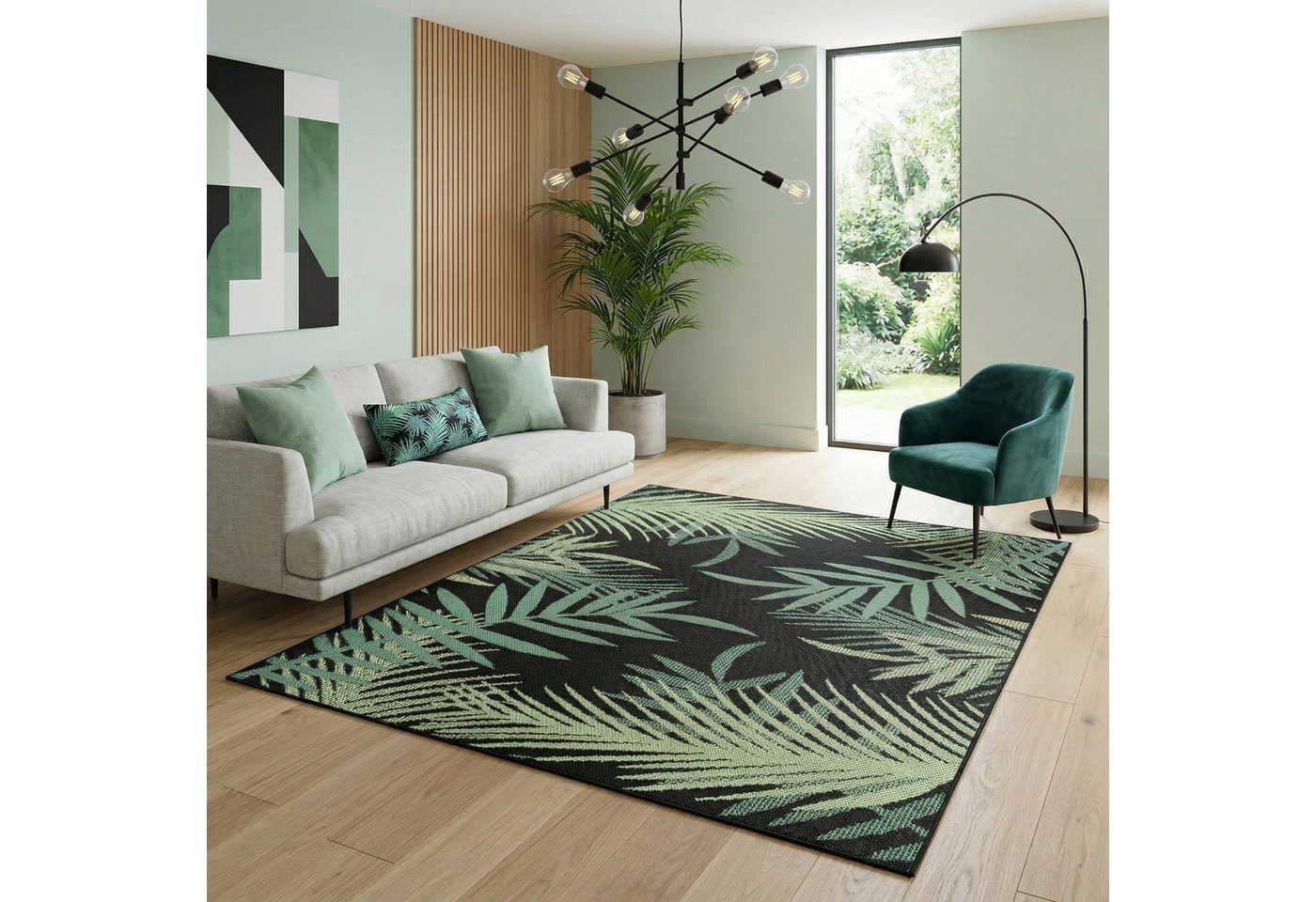 Vimoda Outdoorteppich Teppich wasserresistent In- und Outdoor Kurzflor Palmen Muster, Rechteckig, Höhe: 4.5 mm, Outdoorteppich Grün & Schwarz für Terrasse Balko schnell trocknend Bild 2