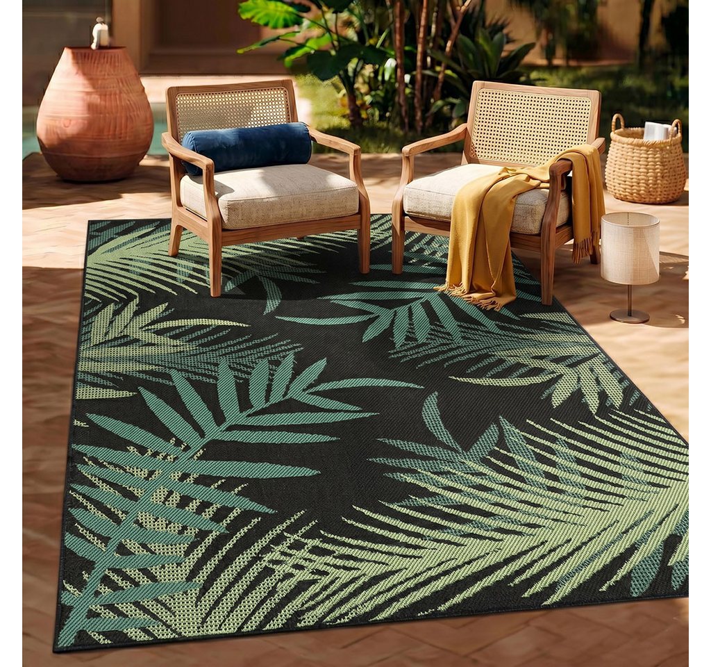 Vimoda Outdoorteppich Teppich wasserresistent In- und Outdoor Kurzflor Palmen Muster, Rechteckig, Höhe: 4.5 mm, Outdoorteppich Grün & Schwarz für Terrasse Balko schnell trocknend Bild 3