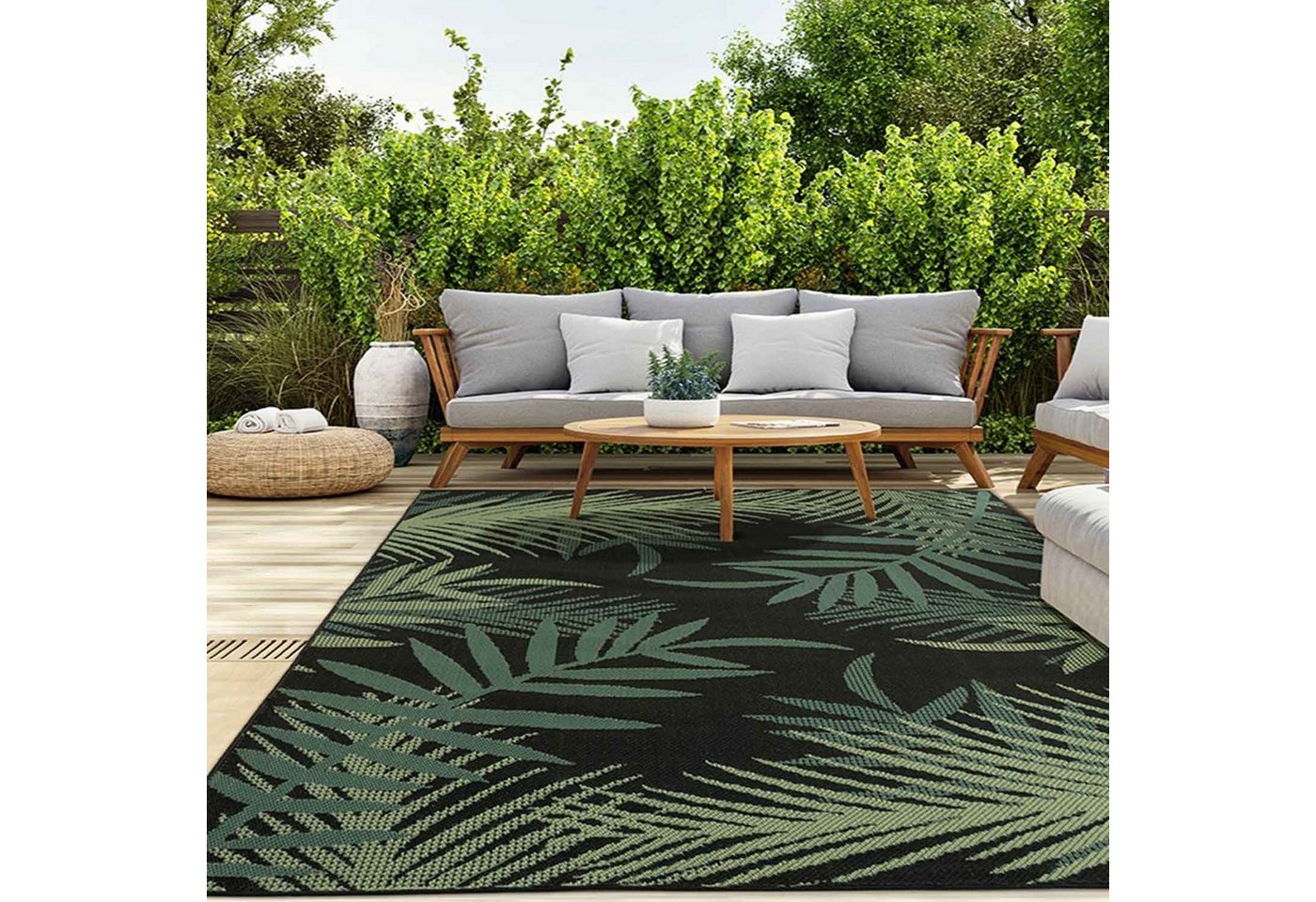Vimoda Outdoorteppich Teppich wasserresistent In- und Outdoor Kurzflor Palmen Muster, Rechteckig, Höhe: 4.5 mm, Outdoorteppich Grün & Schwarz für Terrasse Balko schnell trocknend Bild 4