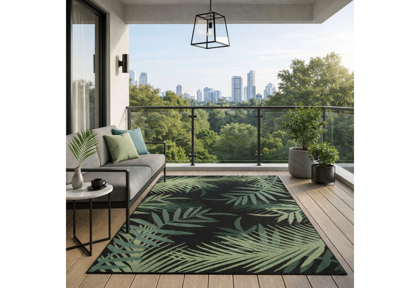 Vimoda Outdoorteppich Teppich wasserresistent In- und Outdoor Kurzflor Palmen Muster, Rechteckig, Höhe: 4.5 mm, Outdoorteppich Grün & Schwarz für Terrasse Balko schnell trocknend Bild 5
