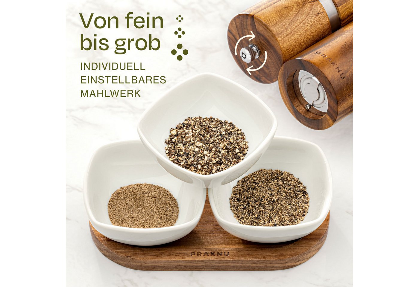 Praknu Salz-/Pfeffermühle Salz und Pfeffermühle aus Akazienholz mit Untersetzer - Nachhaltiges manuell, Nachhaltiges FSC Holz - Langlebiges Keramikmahlwerk - Plastikfrei