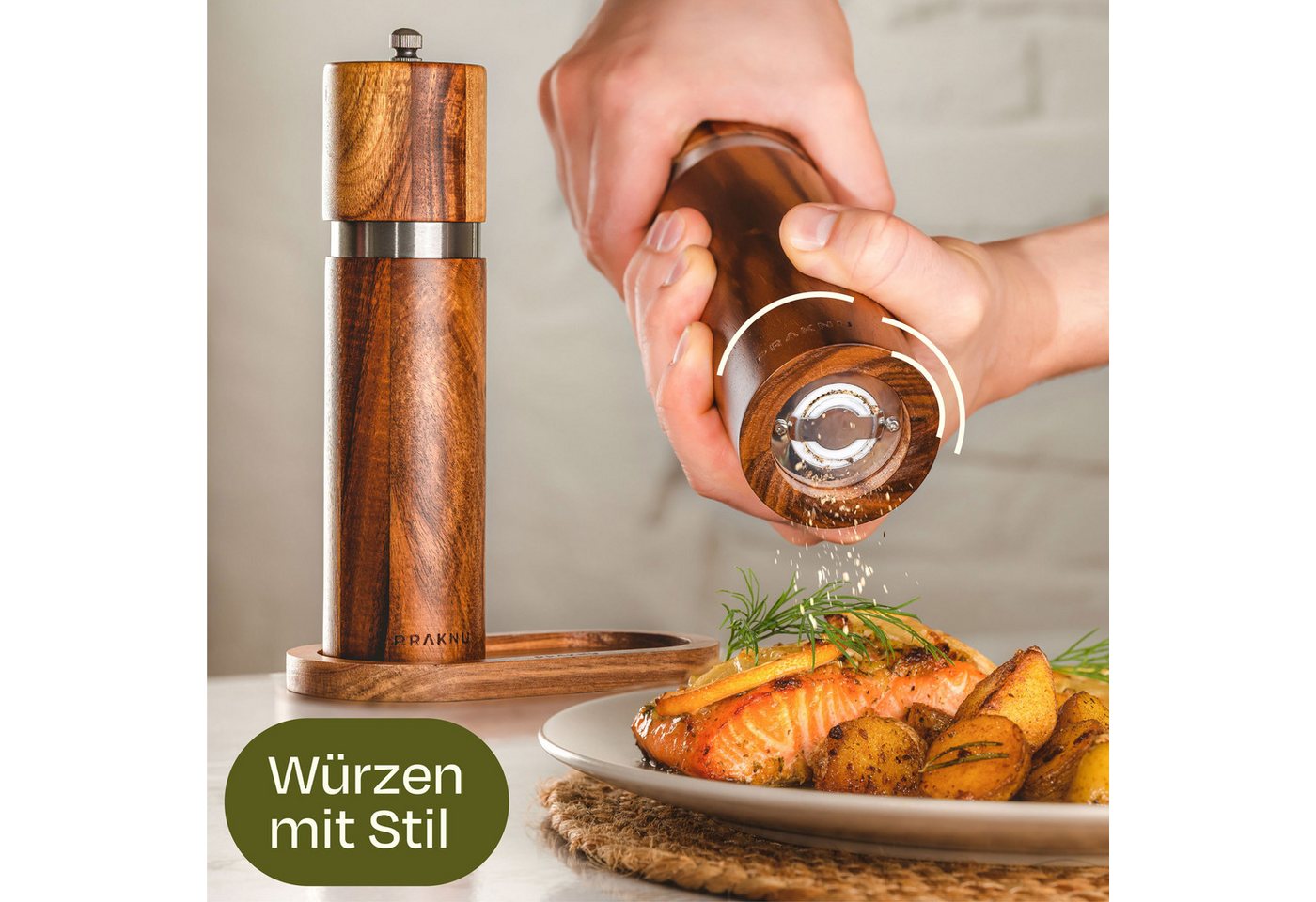 Praknu Salz-/Pfeffermühle Salz und Pfeffermühle aus Akazienholz mit Untersetzer - Nachhaltiges manuell, Nachhaltiges FSC Holz - Langlebiges Keramikmahlwerk - Plastikfrei Bild 2