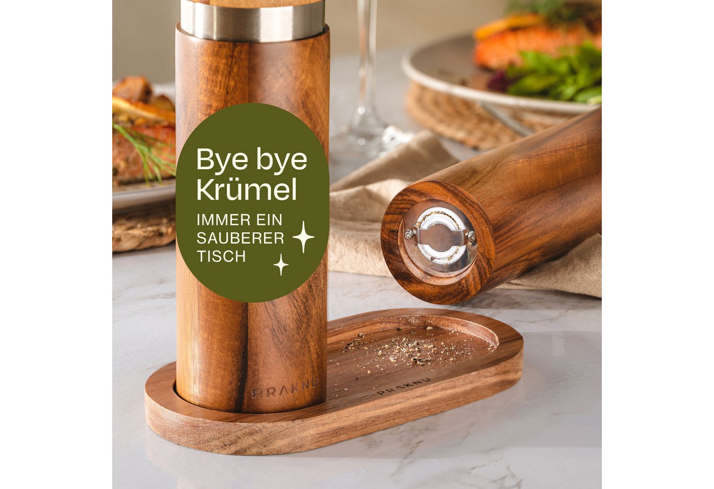 Praknu Salz-/Pfeffermühle Salz und Pfeffermühle aus Akazienholz mit Untersetzer - Nachhaltiges manuell, Nachhaltiges FSC Holz - Langlebiges Keramikmahlwerk - Plastikfrei Bild 3