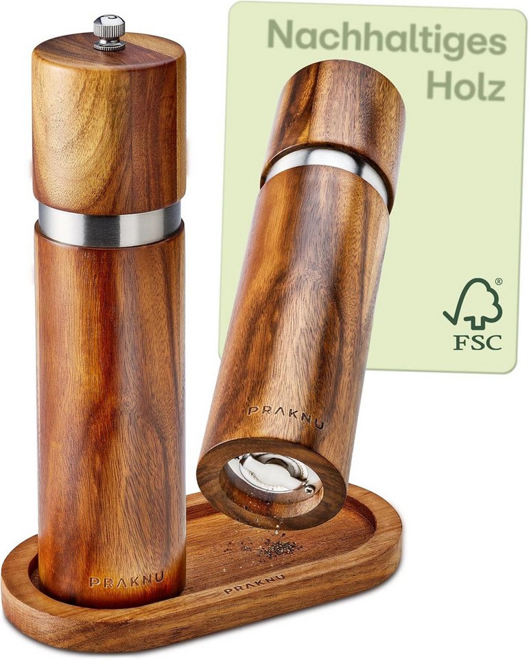 Praknu Salz-/Pfeffermühle Salz und Pfeffermühle aus Akazienholz mit Untersetzer - Nachhaltiges manuell, Nachhaltiges FSC Holz - Langlebiges Keramikmahlwerk - Plastikfrei Bild 4