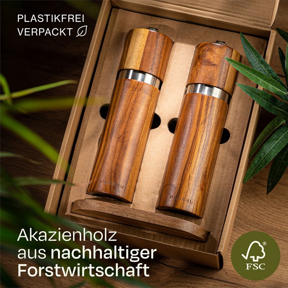 Praknu Salz-/Pfeffermühle Salz und Pfeffermühle aus Akazienholz mit Untersetzer - Nachhaltiges manuell, Nachhaltiges FSC Holz - Langlebiges Keramikmahlwerk - Plastikfrei Bild 5