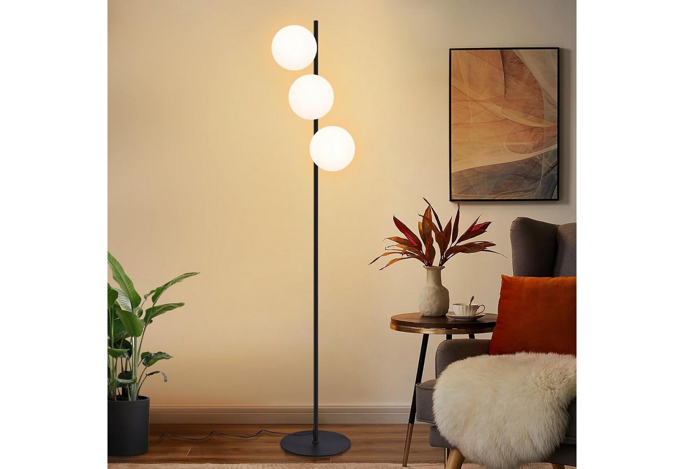 ZMH Stehlampe 3-flammig, E27 Standleuchte mit Glas-Schirmen, Einfache Installation, ohne Leuchtmittel, Retro Stehleuchte mit Fußschalter