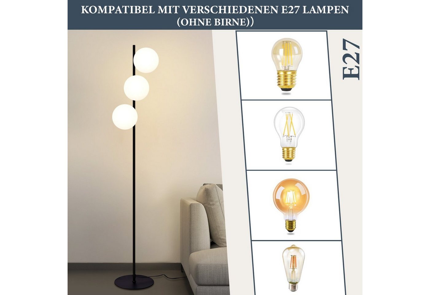 ZMH Stehlampe 3-flammig, E27 Standleuchte mit Glas-Schirmen, Einfache Installation, ohne Leuchtmittel, Retro Stehleuchte mit Fußschalter Bild 2