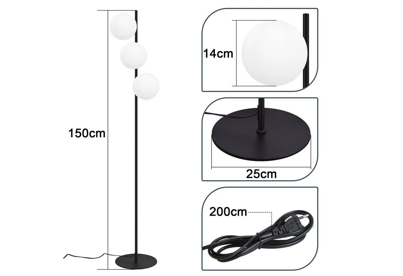 ZMH Stehlampe 3-flammig, E27 Standleuchte mit Glas-Schirmen, Einfache Installation, ohne Leuchtmittel, Retro Stehleuchte mit Fußschalter Bild 4