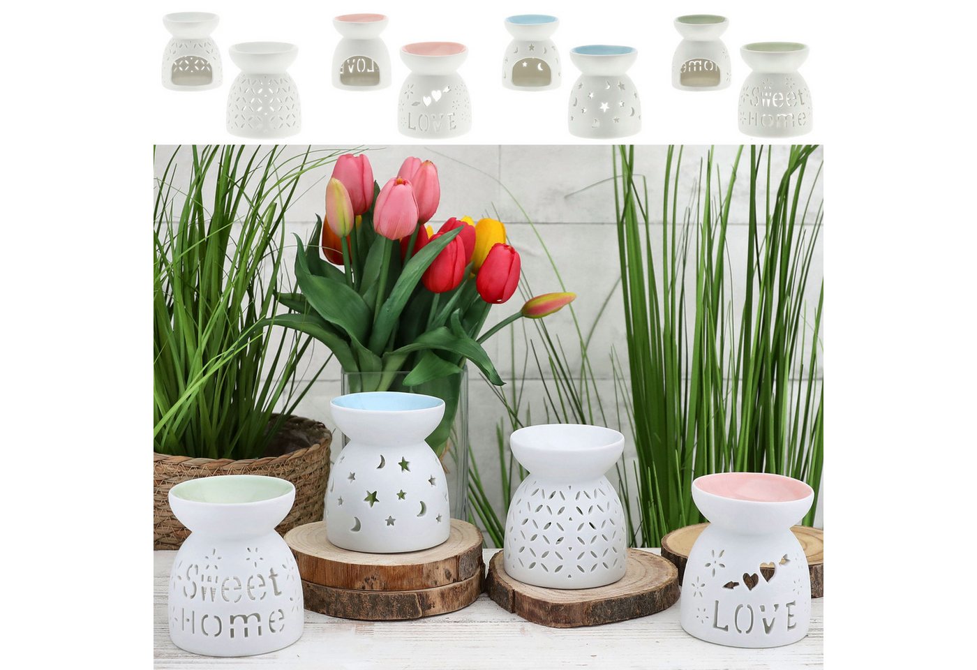 CEPEWA Duftlampe Duftlampe 4er Set Keramik 9x9,5cm Schrift Muster weiß blau rosa grün