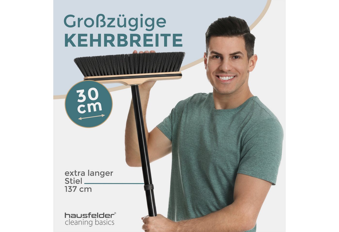 Hausfelder Staubbesen Besen mit Kantenschutz und Stiel (30 cm breit) (Zimmerbesen mit Metallstiel), Besen 30 cm, 4teilig mit Drehgewinde