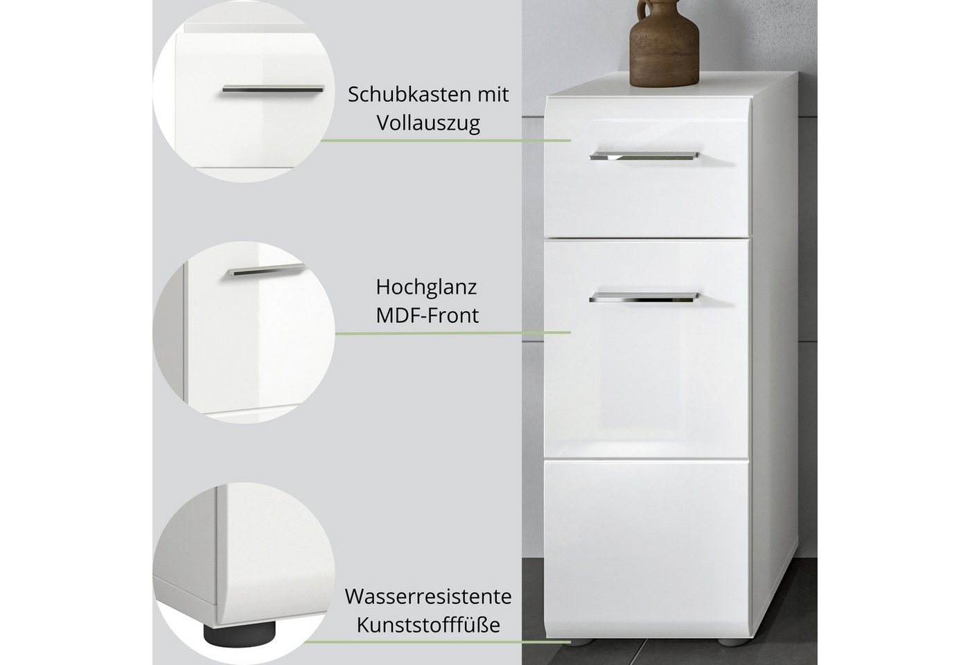 furnling Badkommode Standschrank Ivy, 1 Schublade, 1 Tür, 2 Fächer innen, Stauraum, Badezimmerschrank, weiß Bild 3