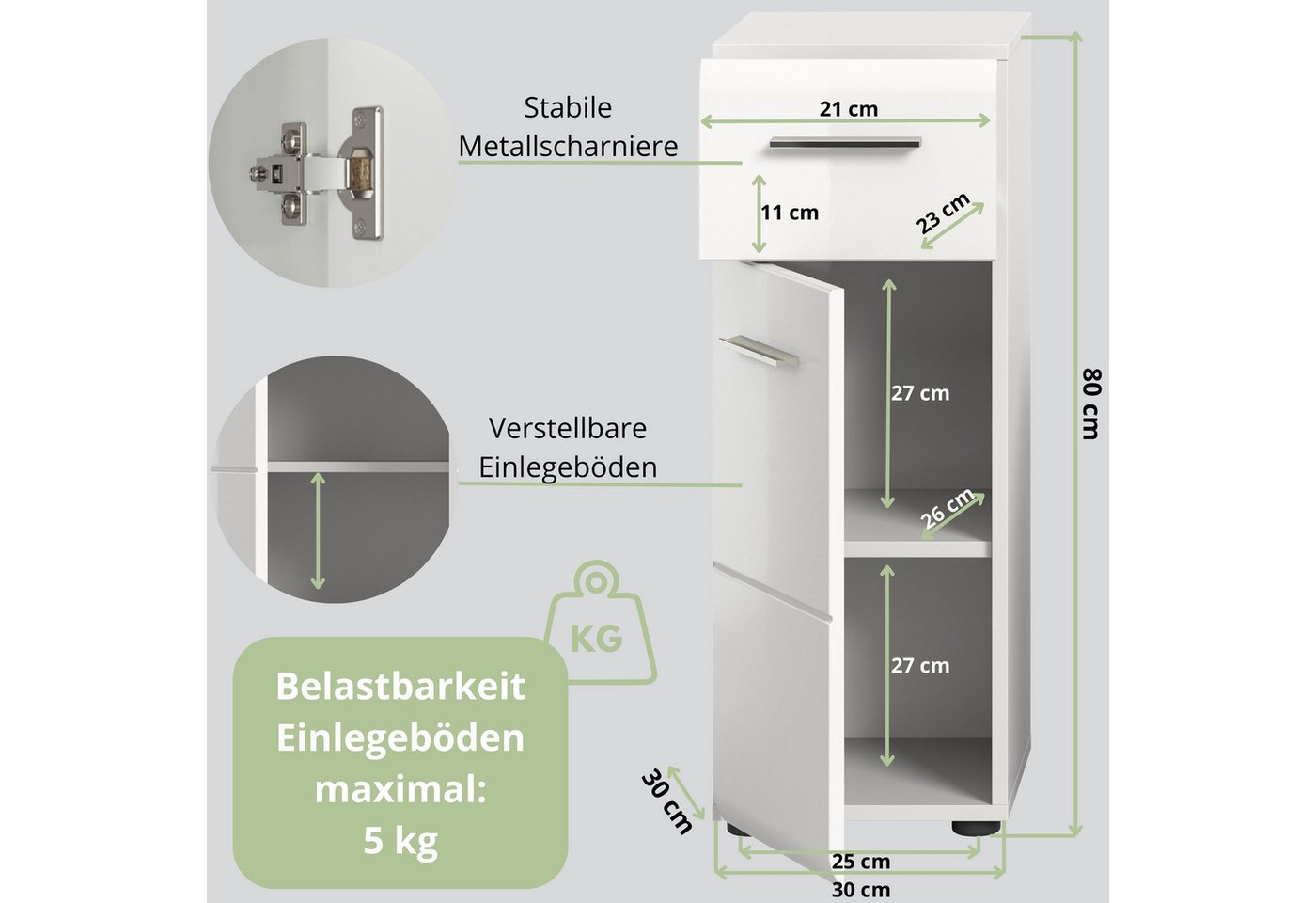 furnling Badkommode Standschrank Ivy, 1 Schublade, 1 Tür, 2 Fächer innen, Stauraum, Badezimmerschrank, weiß Bild 4