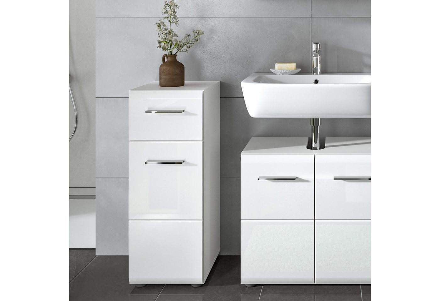 furnling Badkommode Standschrank Ivy, 1 Schublade, 1 Tür, 2 Fächer innen, Stauraum, Badezimmerschrank, weiß Bild 5