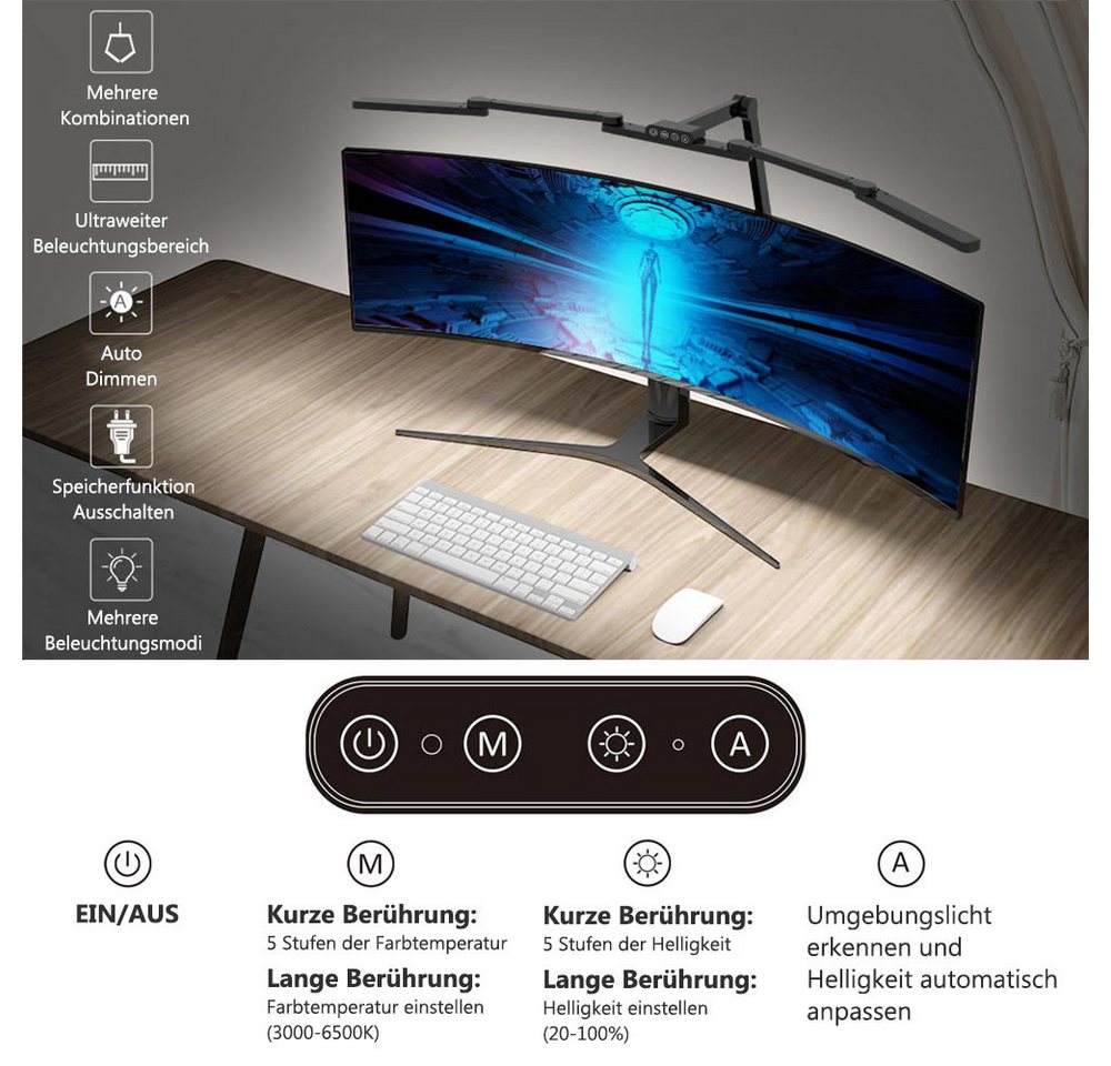 LMaxhome LED Schreibtischlampe Doppelkopf Tischleuchte mit Klemme Dimmbar Touch-Steuerung Augenschutz, 24W, LED fest integriert, 5 Farbtemperaturen(3000K-6500K), 5 Helligkeitsstufen, Groß Architekt Leselampe für Büro,Arbeit,Studium Bild 2