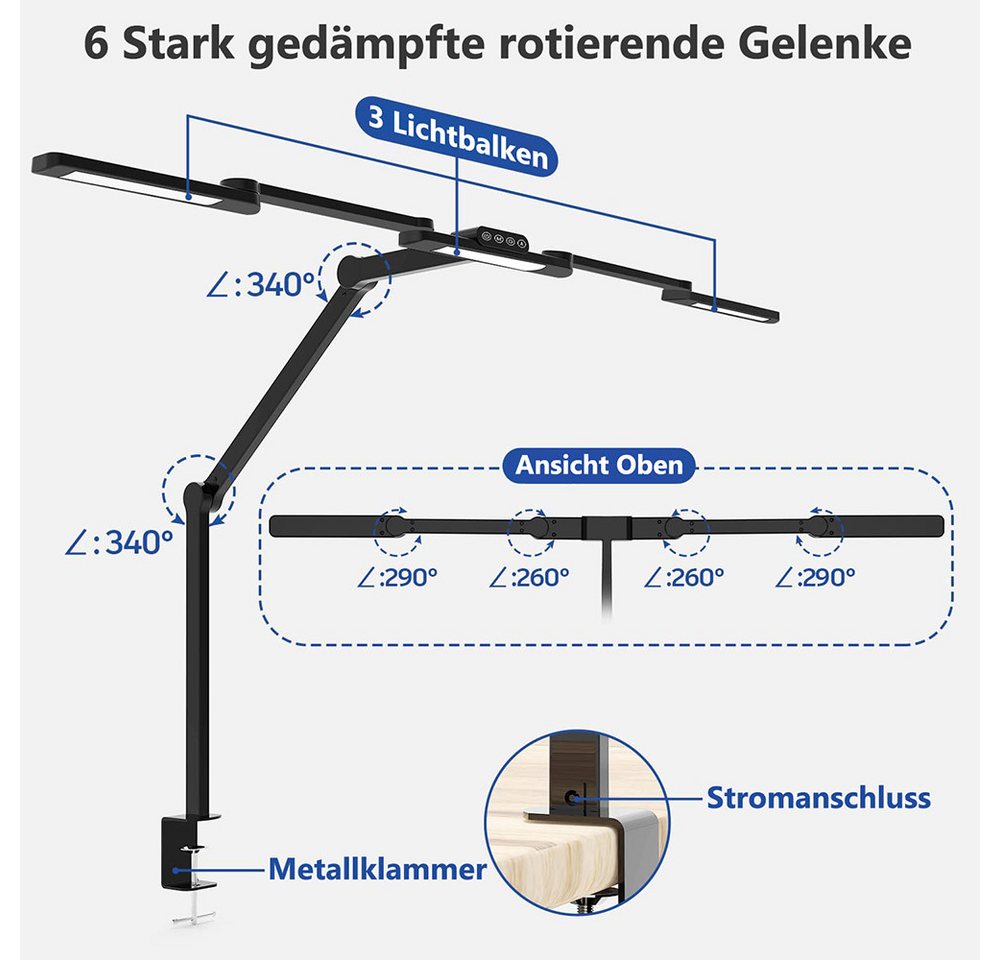 LMaxhome LED Schreibtischlampe Doppelkopf Tischleuchte mit Klemme Dimmbar Touch-Steuerung Augenschutz, 24W, LED fest integriert, 5 Farbtemperaturen(3000K-6500K), 5 Helligkeitsstufen, Groß Architekt Leselampe für Büro,Arbeit,Studium Bild 3