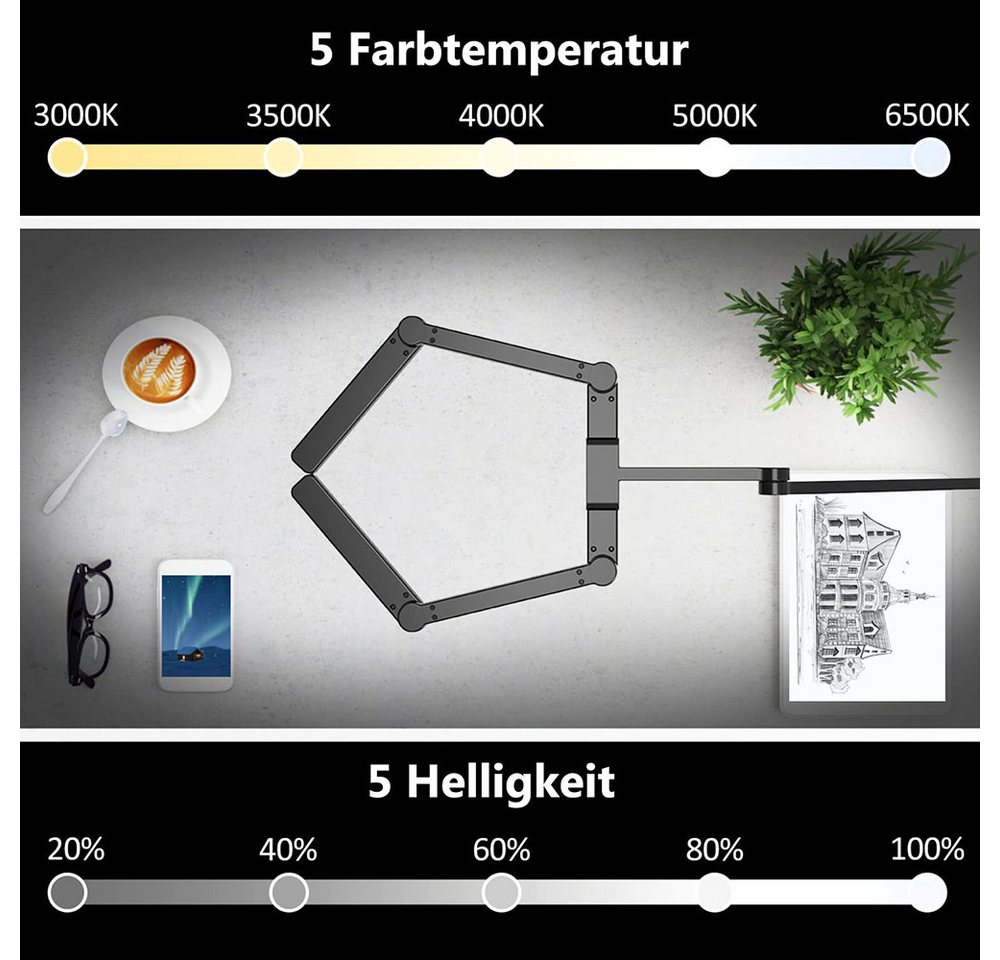 LMaxhome LED Schreibtischlampe Doppelkopf Tischleuchte mit Klemme Dimmbar Touch-Steuerung Augenschutz, 24W, LED fest integriert, 5 Farbtemperaturen(3000K-6500K), 5 Helligkeitsstufen, Groß Architekt Leselampe für Büro,Arbeit,Studium Bild 4