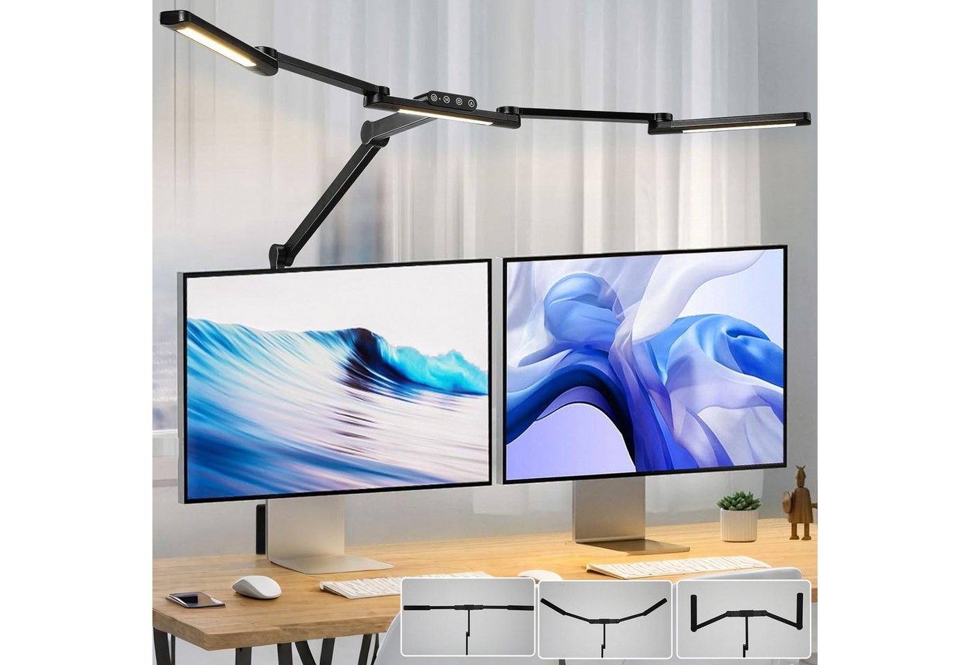 LMaxhome LED Schreibtischlampe Doppelkopf Tischleuchte mit Klemme Dimmbar Touch-Steuerung Augenschutz, 24W, LED fest integriert, 5 Farbtemperaturen(3000K-6500K), 5 Helligkeitsstufen, Groß Architekt Leselampe für Büro,Arbeit,Studium Bild 5
