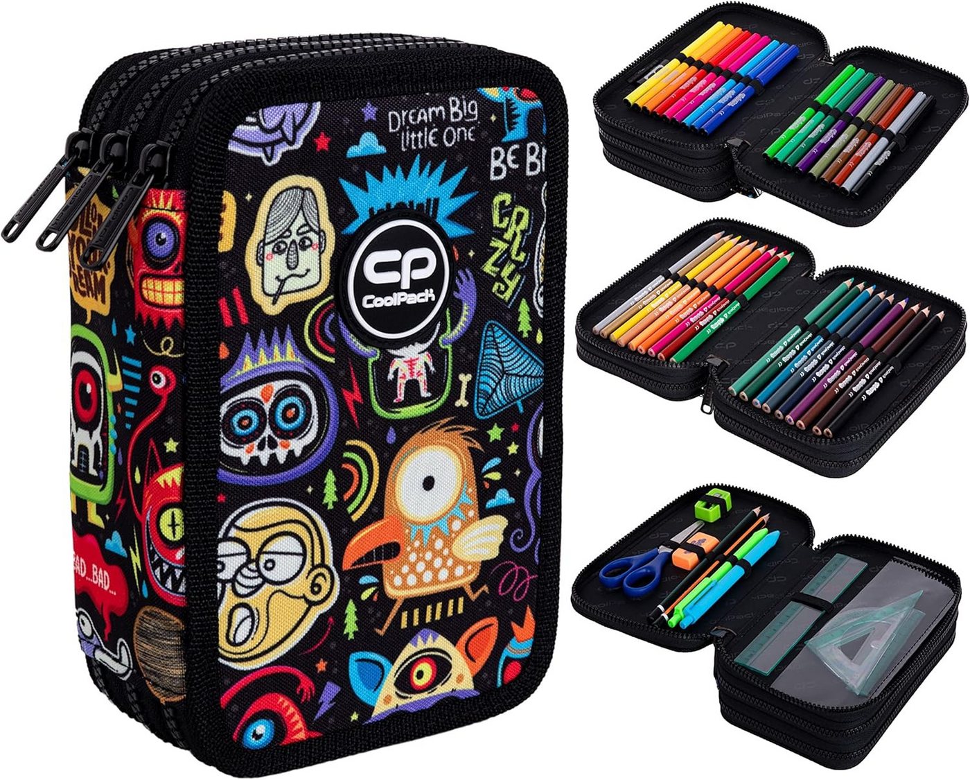 GOLDKIDS Federmäppchen Federtasche 3-fache Federmappe Scary Stickers, (46-teilig gefüllte Schüleretui Stifte, 1-tlg., und Pinsel inkl. Aufgabenheft Federbox Etui), Stiftetasche Schlamper-Etui Schul-Etui Bild 2