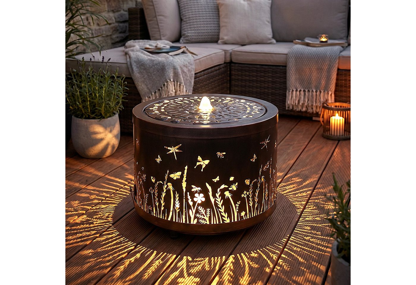 Arnusa Gartenbrunnen Metall Springbrunnen Lichtspiel rund Wasserspiel warmweiß, 45 cm Breite, Gartendekoration, tolles Lichtspiel Bild 2