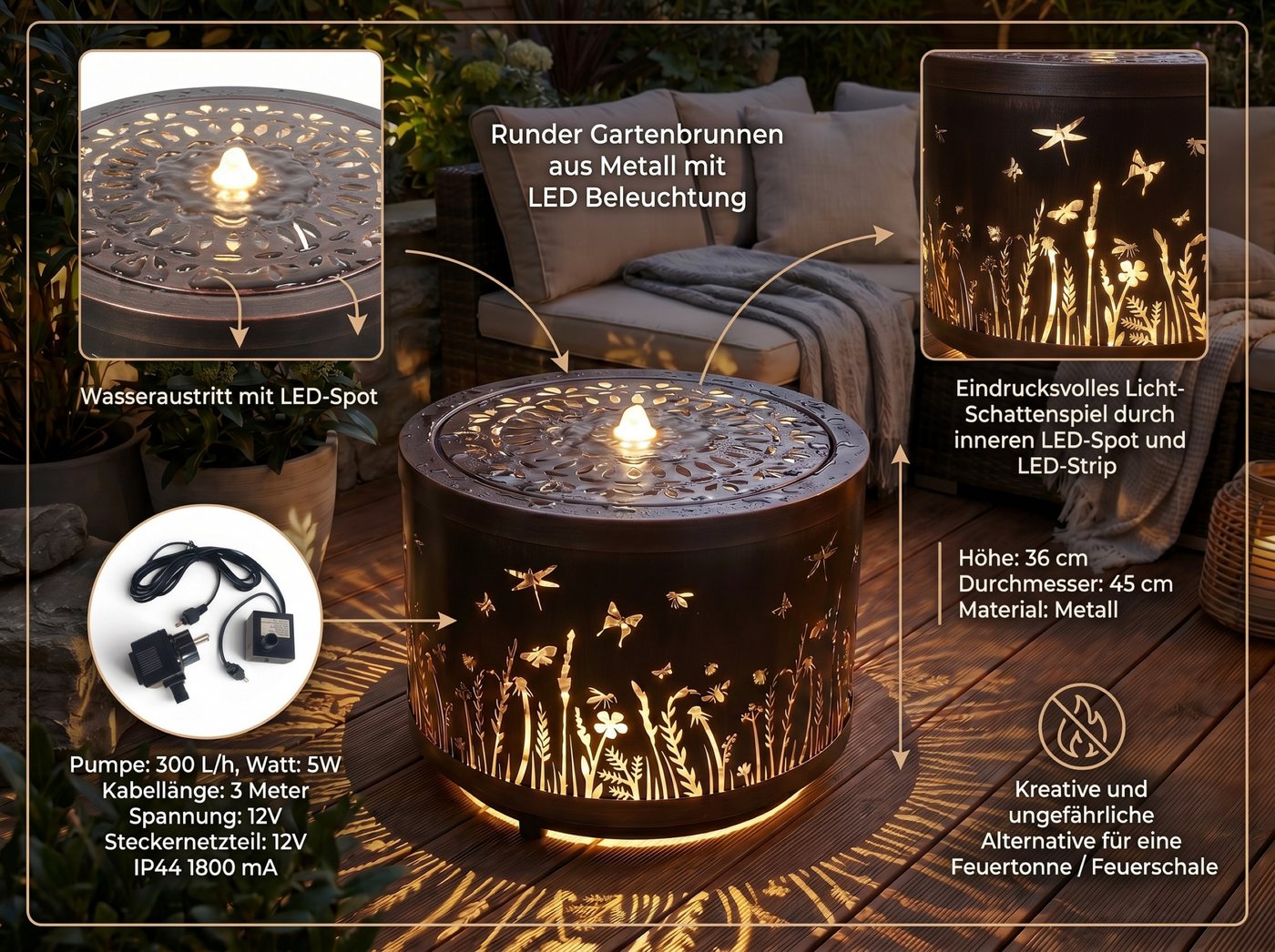 Arnusa Gartenbrunnen Metall Springbrunnen Lichtspiel rund Wasserspiel warmweiß, 45 cm Breite, Gartendekoration, tolles Lichtspiel Bild 4