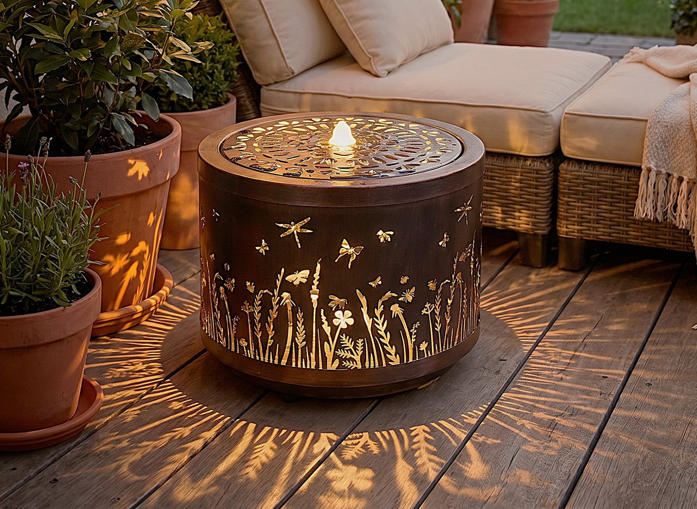 Arnusa Gartenbrunnen Metall Springbrunnen Lichtspiel rund Wasserspiel warmweiß, 45 cm Breite, Gartendekoration, tolles Lichtspiel Bild 5