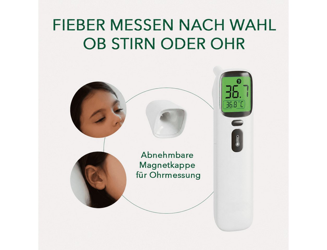IEA Green Infrarot-Fieberthermometer AOJ-20A kontaktlos, Bundle mit Schutztasche, 2-tlg., Set inkl. Tasche, für Babys/Kinder/Erwachsene, Stirn & Ohr, Farbwarnsystem
