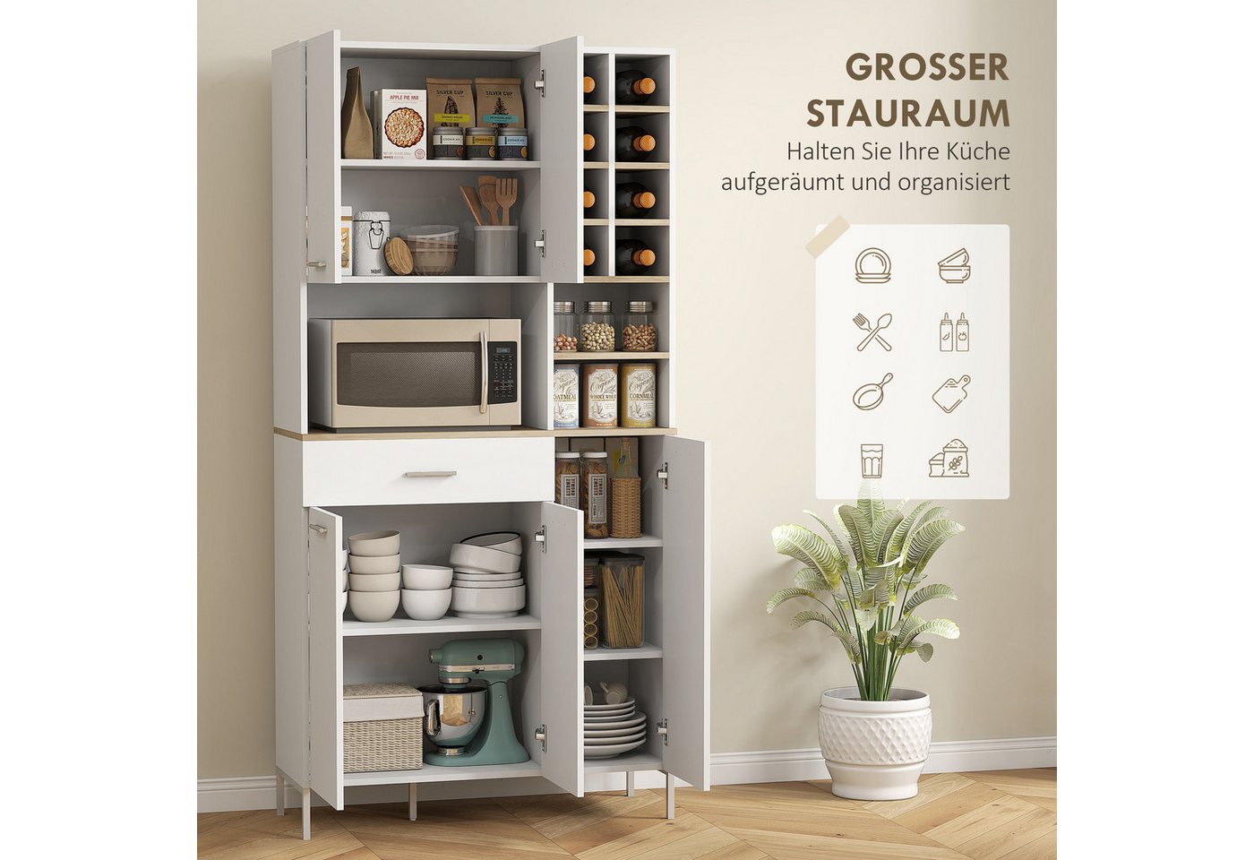 HOMCOM Küchenbuffet Schrank mit Weinregal, Schublade, verstellbaren Einlegeböden (Buffetschrank, 1-St., Hochschrank) Moderner Vorratsschrank, Weiß, 90 x 35 x 183 cm