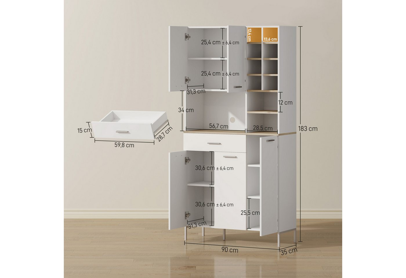 HOMCOM Küchenbuffet Schrank mit Weinregal, Schublade, verstellbaren Einlegeböden (Buffetschrank, 1-St., Hochschrank) Moderner Vorratsschrank, Weiß, 90 x 35 x 183 cm Bild 2