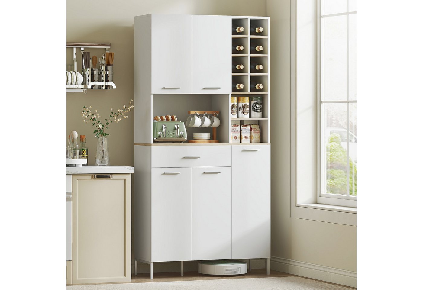 HOMCOM Küchenbuffet Schrank mit Weinregal, Schublade, verstellbaren Einlegeböden (Buffetschrank, 1-St., Hochschrank) Moderner Vorratsschrank, Weiß, 90 x 35 x 183 cm Bild 5