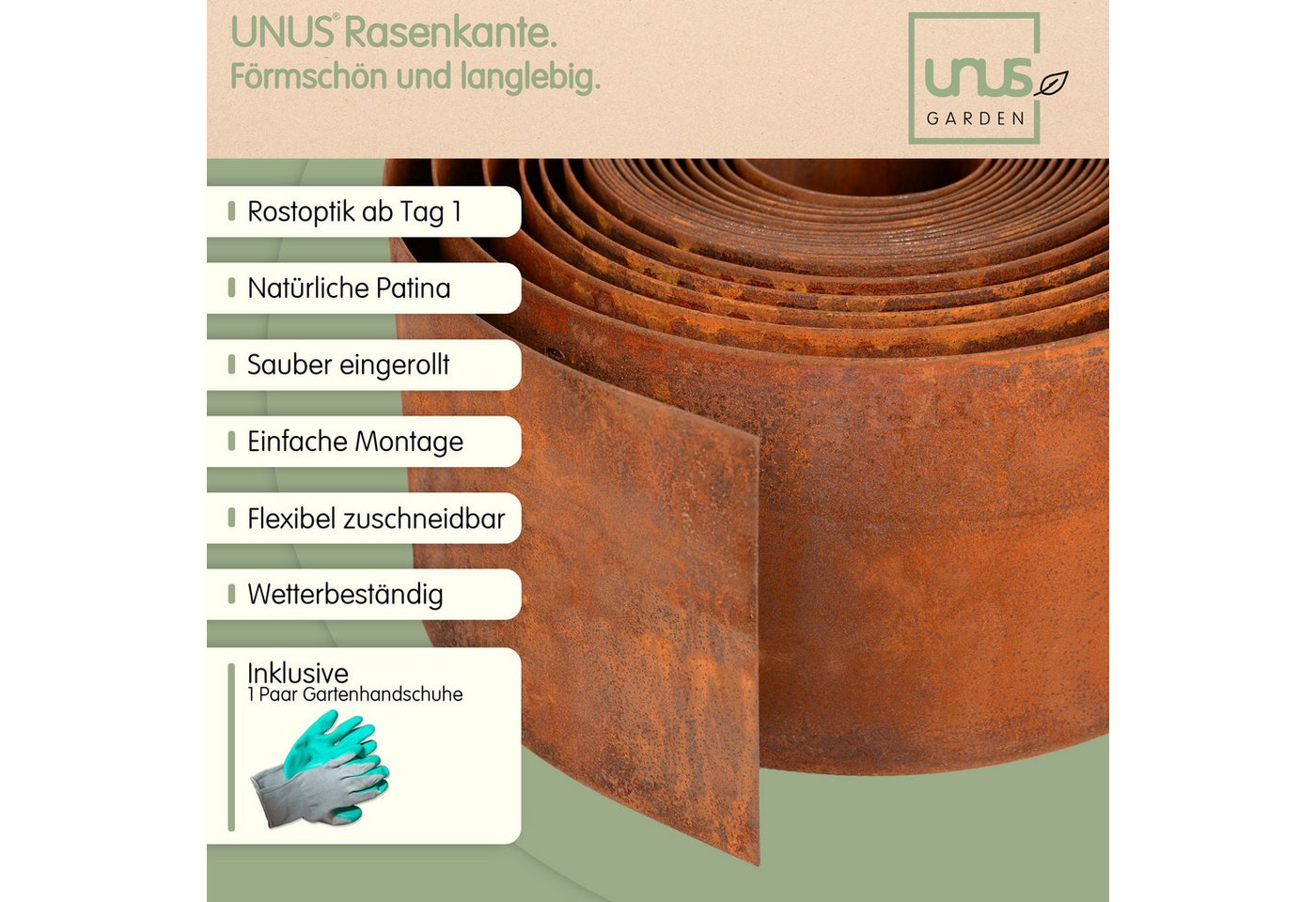 UNUS GARDEN Rasenkante Rasenkante aus glattem Cortenstahl 500x20 cm, LxH: 500x14 cm, inklusive Handschuhe, Mähkante, Beetumrandung, Rasenkante 5 Meter, robust