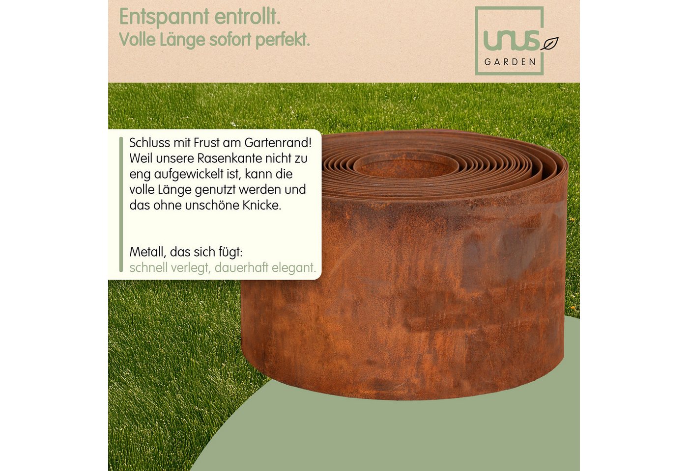 UNUS GARDEN Rasenkante Rasenkante aus glattem Cortenstahl 500x20 cm, LxH: 500x14 cm, inklusive Handschuhe, Mähkante, Beetumrandung, Rasenkante 5 Meter, robust Bild 3