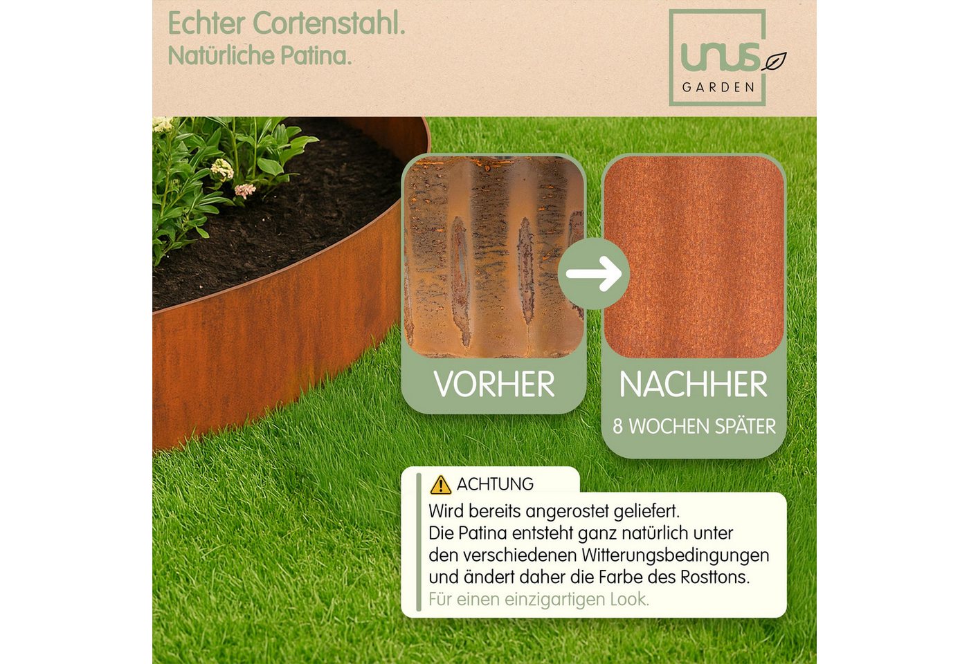 UNUS GARDEN Rasenkante Rasenkante aus glattem Cortenstahl 500x20 cm, LxH: 500x14 cm, inklusive Handschuhe, Mähkante, Beetumrandung, Rasenkante 5 Meter, robust Bild 4