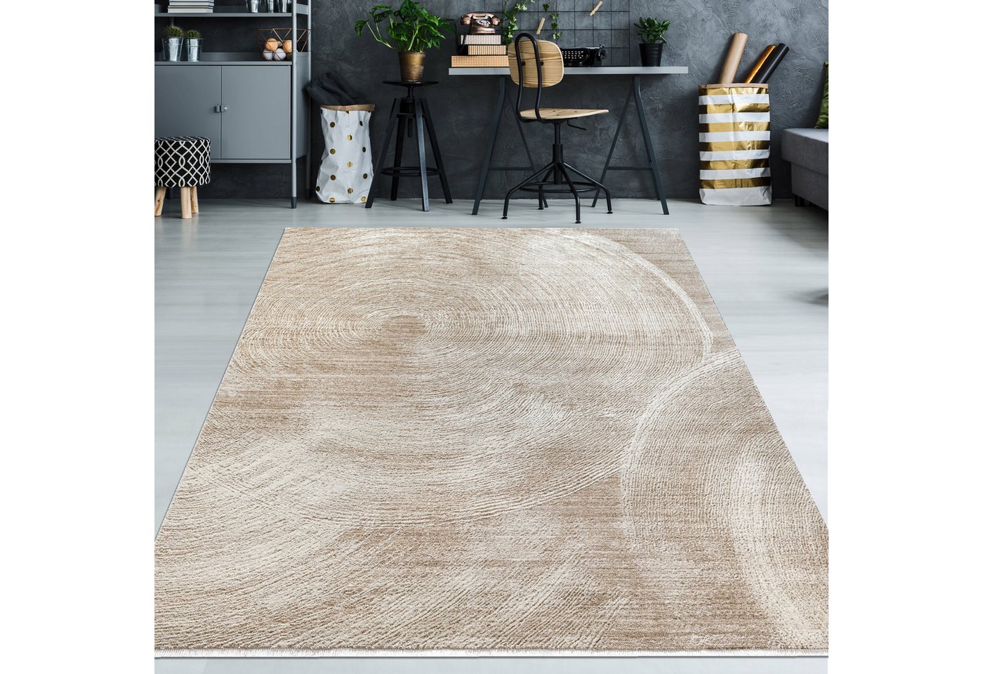 TeppichHome24 Teppich Beiger Teppich mit modernem Kreis-Design weich pflegeleicht, rechteckig