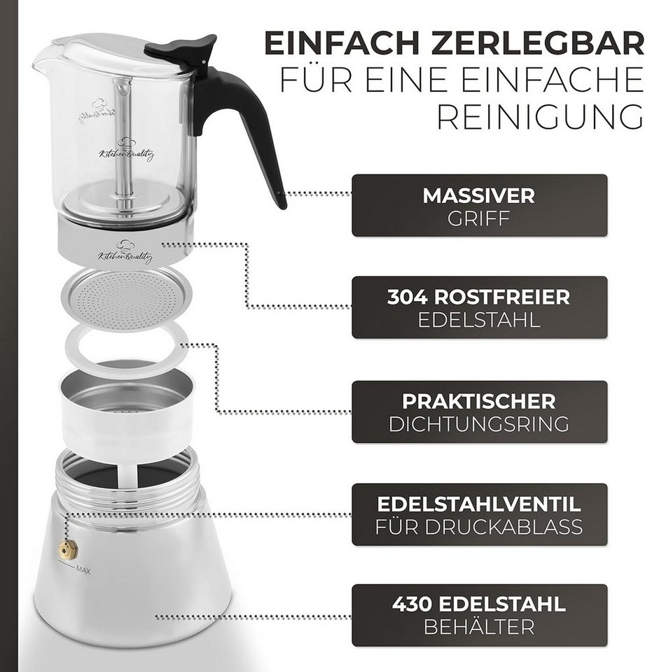 KitchenQuality Espressokocher, Langlebig, leicht zu reinigen, inkl. Portionierlöffel & Untersetzer