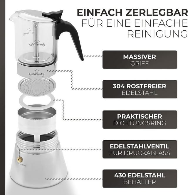 KitchenQuality Espressokocher, Langlebig, leicht zu reinigen, inkl. Portionierlöffel & Untersetzer