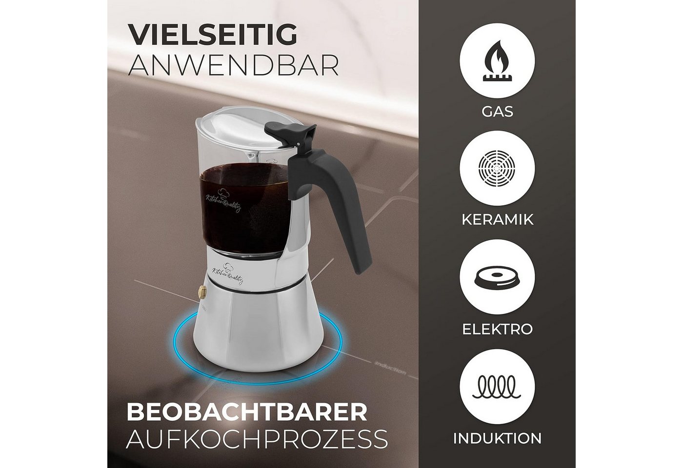 KitchenQuality Espressokocher, Langlebig, leicht zu reinigen, inkl. Portionierlöffel & Untersetzer Bild 2