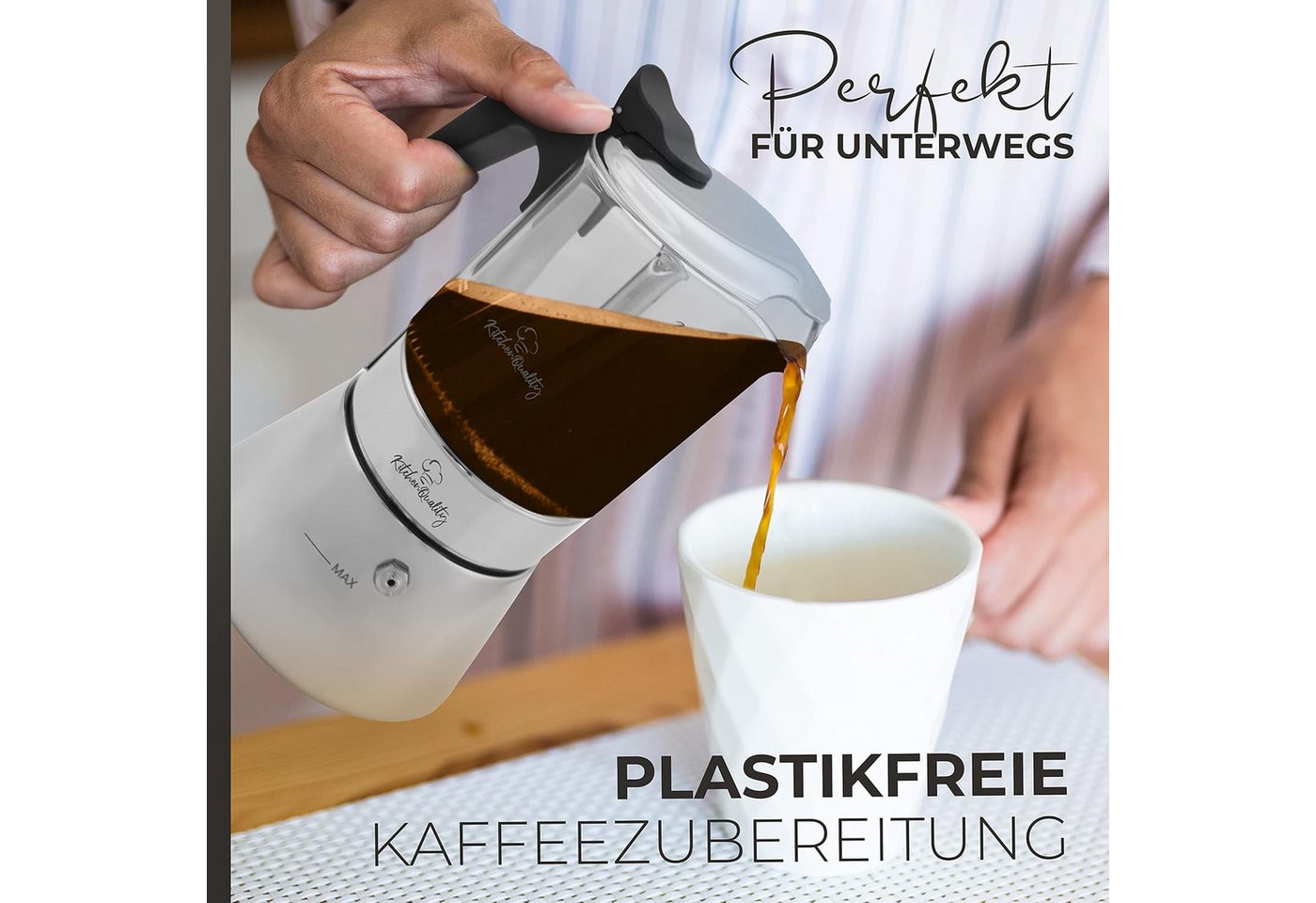 KitchenQuality Espressokocher, Langlebig, leicht zu reinigen, inkl. Portionierlöffel & Untersetzer Bild 5