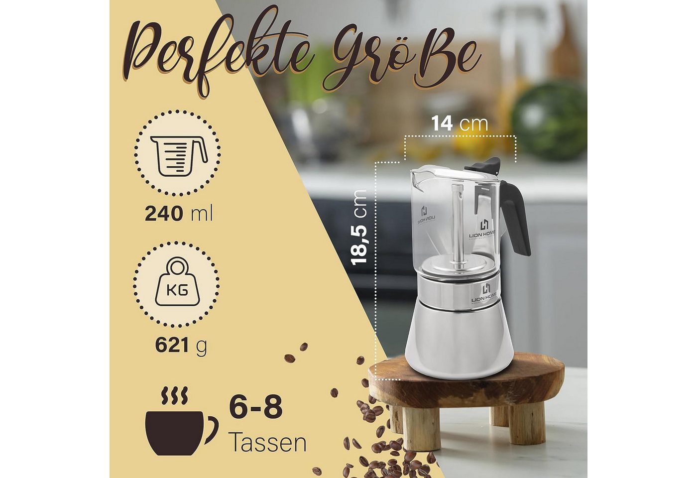 Lion Home Espressokocher, Inkl. Kork-Untersetzer, leicht zu reinigen elegantes Design Bild 2