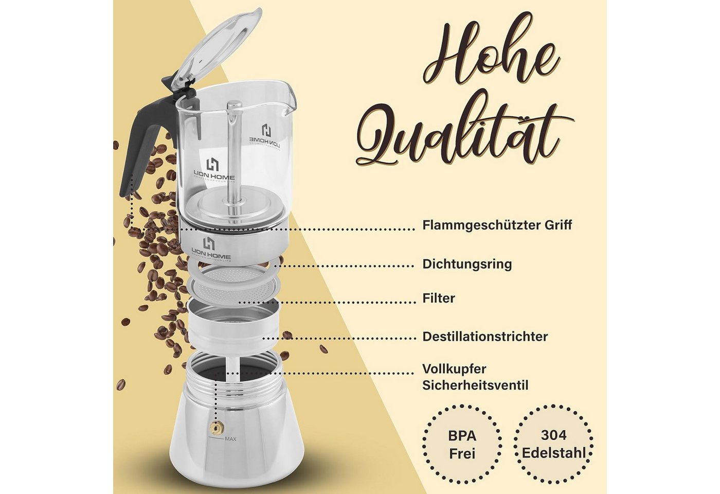 Lion Home Espressokocher, Inkl. Kork-Untersetzer, leicht zu reinigen elegantes Design Bild 3