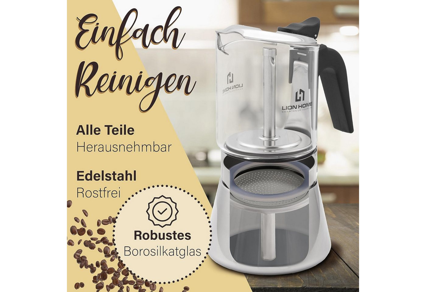 Lion Home Espressokocher, Inkl. Kork-Untersetzer, leicht zu reinigen elegantes Design Bild 5