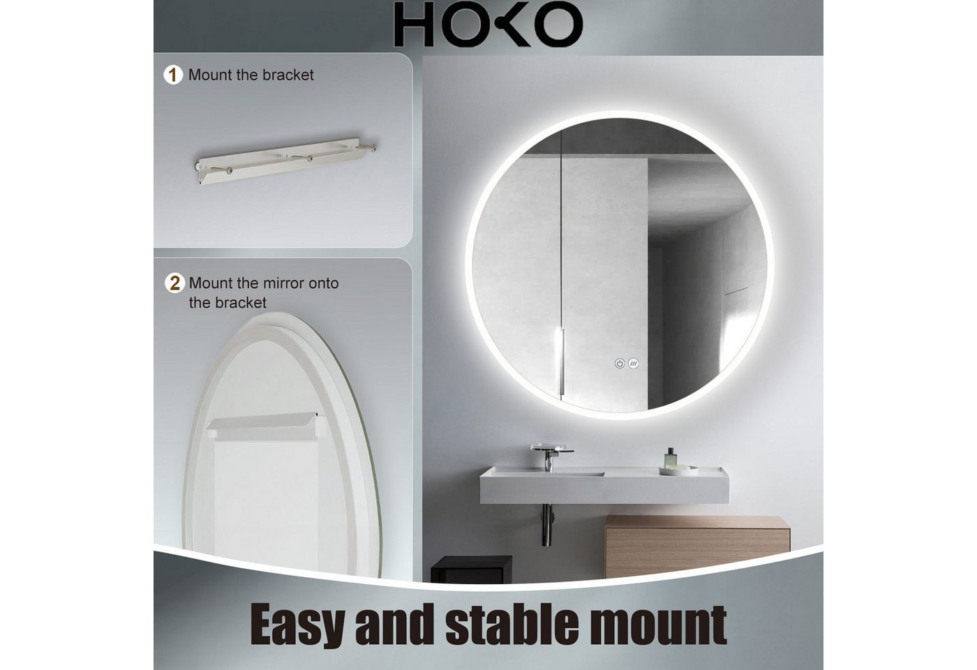 HOKO Badspiegel Wandspiegel Antibeschlage und Beleuchtung Badezimmerspiegel (Touch-Schalter Lichtspiegel)