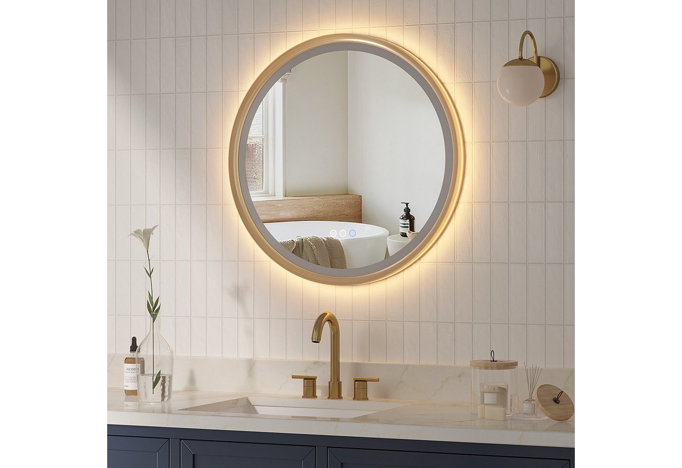 AQUALAVOS Rahmenspiegel-rund Badspiegel mit Beleuchtung Rund 60 cm Aluminiumrahmen Touch Schalter, LED Beleuchtung Dimmbar Kaltweiß & Warmweiß Touchschalter Alu-Rahmen